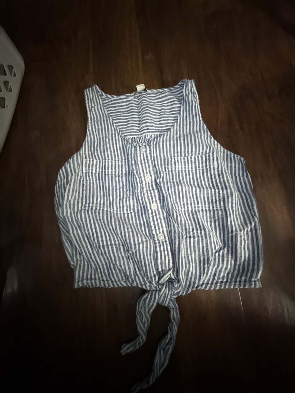 American Eagle Blue and White Striped Button-Front Tie-Hem Tank Top